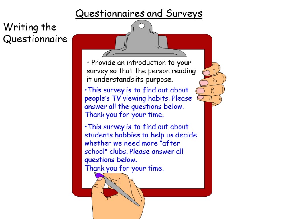 Introduction Questionnaires and Surveys Writing the Questionnaire Provide an introduction to your survey so